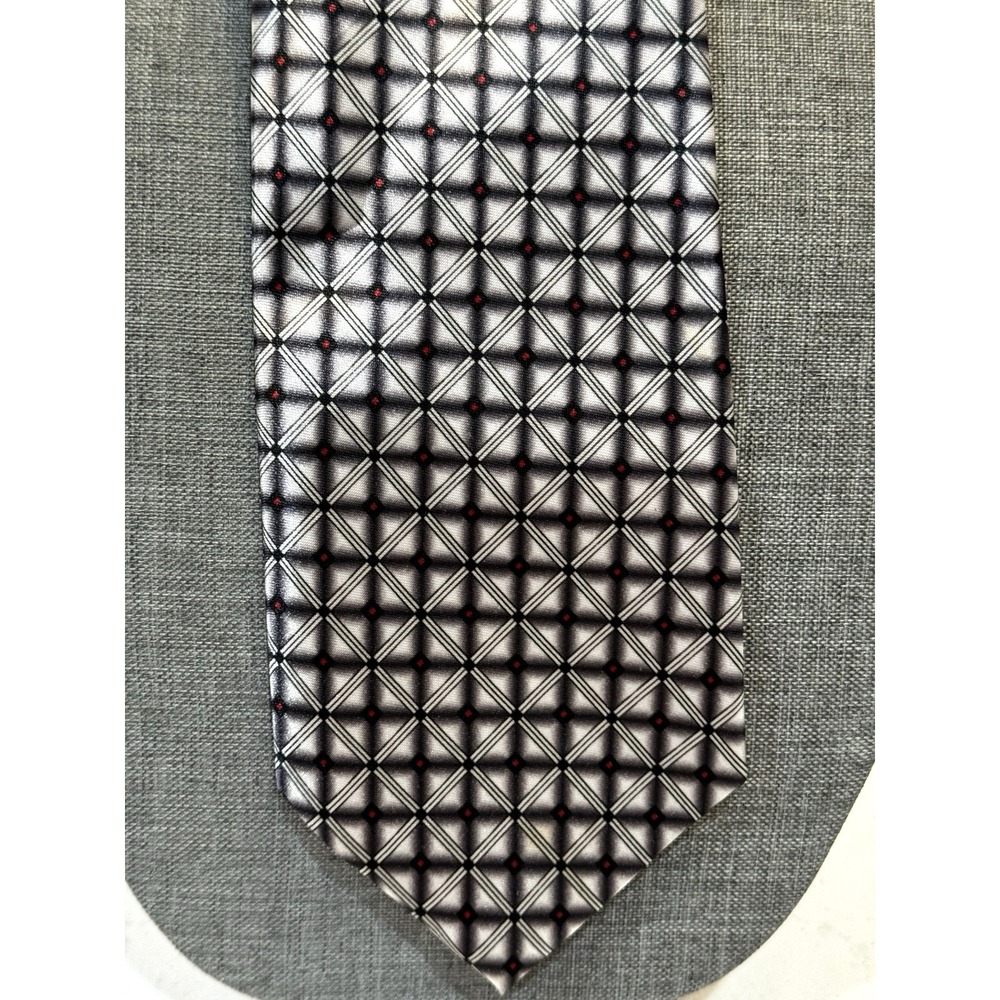 Bordeaux‎ Mens Tie Silver Grey Black Red Geometric Diamond Grid Designed France